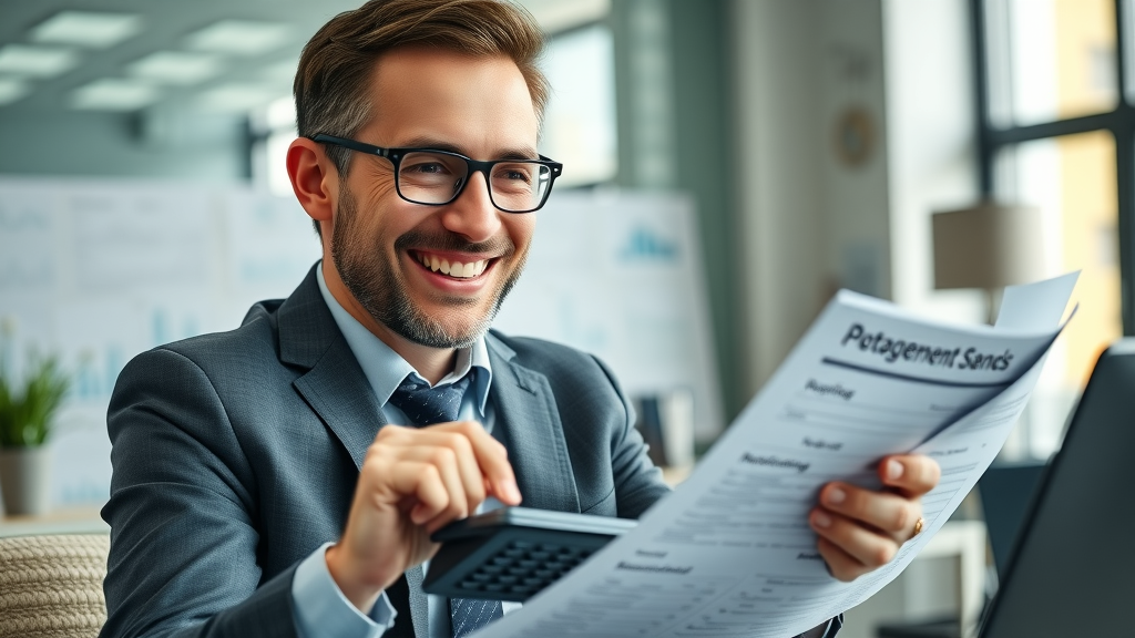 Smiling finance manager reviewing cost savings from autocomplete marketing