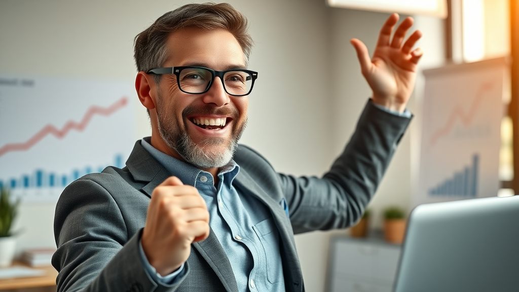 Small business owner celebrating increased customer engagement from autocomplete marketing