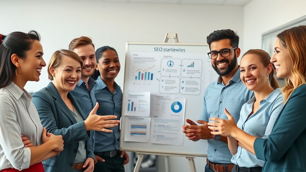 Inspiring team of small business professionals brainstorming benefits of autocomplete marketing