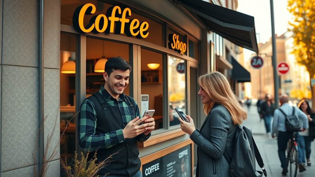 local coffee shop optimized for voice search, barista helps customer using smartphone