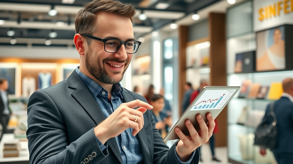 successful business owner reviews marketing metrics after voice search optimization