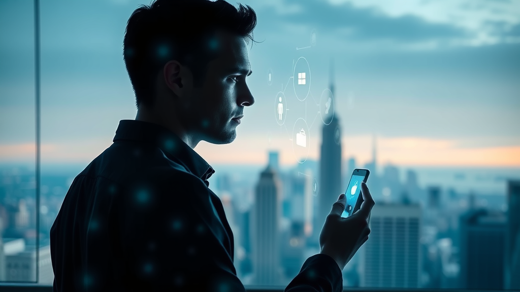 futuristic scene of user with voice assistant and holographic search icons, future trends in voice search optimization