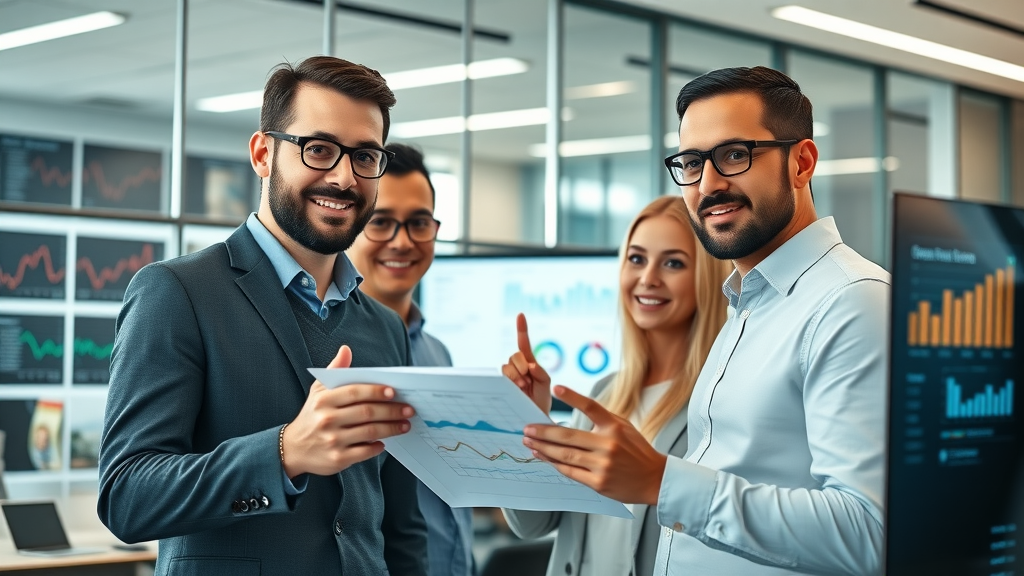 Digital marketing team analyzing conversion statistics for intent driven content in a modern office with digital dashboards