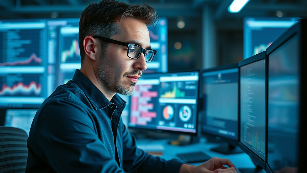 Marketer examining user intent data for digital marketing strategy on multiple monitors in a high-tech workspace