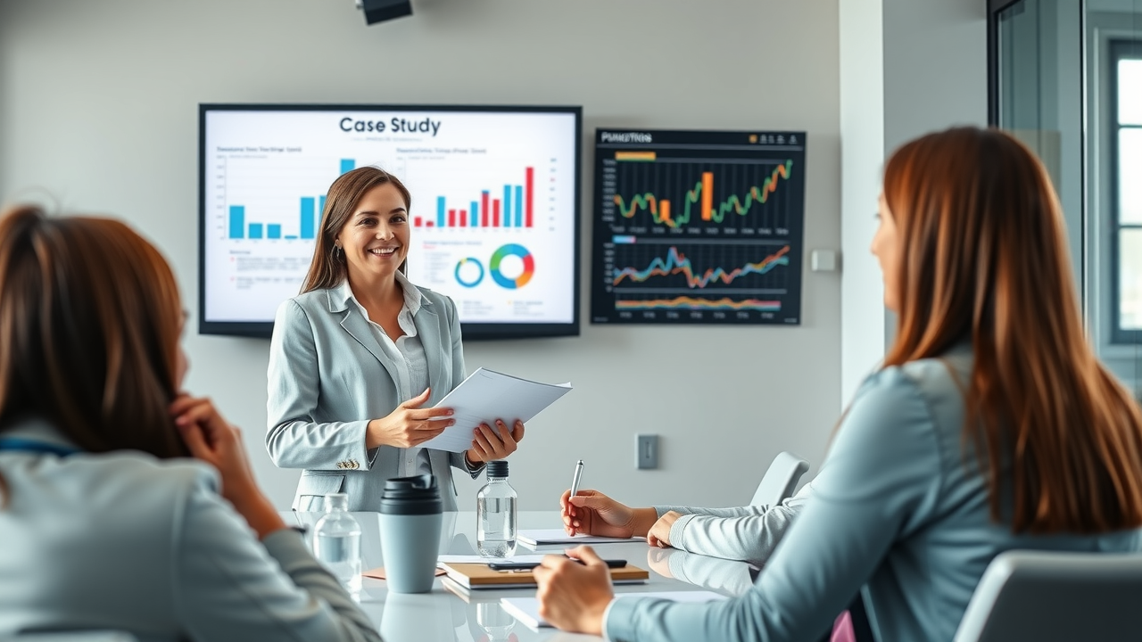 Marketing consultant presenting case study on intent based marketing to colleagues in a modern conference room