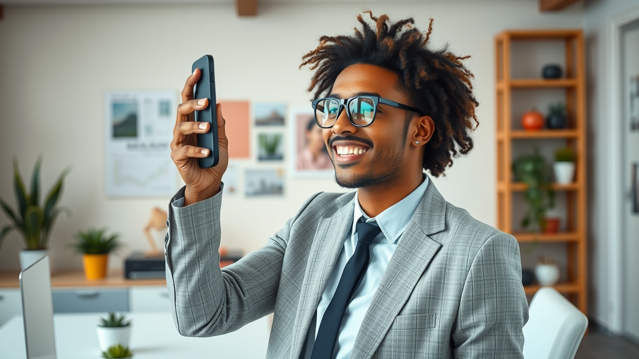 Business owner reaching out via phone to discuss intent driven content in a bright modern workspace