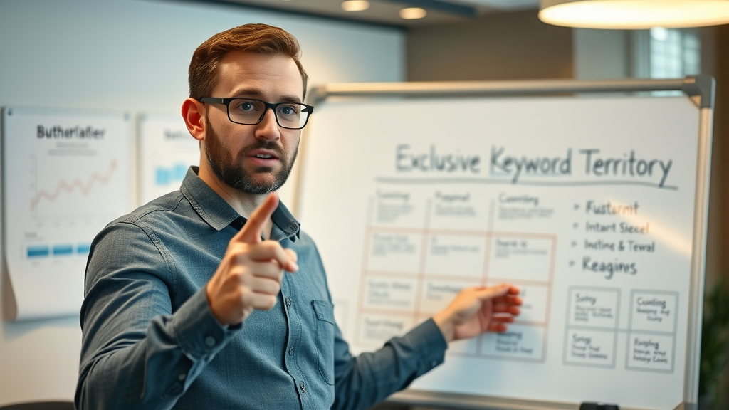 animated illustration depicting journey from keyword input to ad placement in exclusive keyword advertising