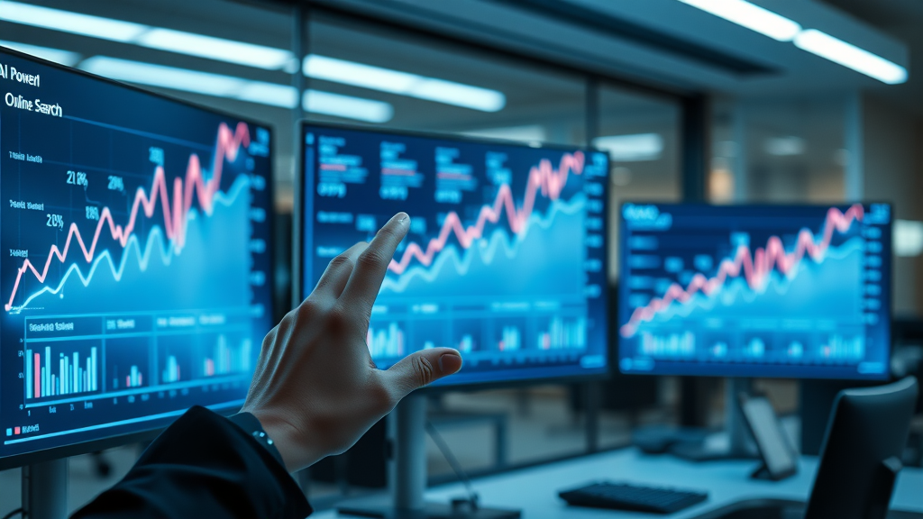 dynamic infographic showing AI powering online search with digital screens, upward-trending graphs, and vibrant data points in a modern office, related to how to make content that is found with ai search