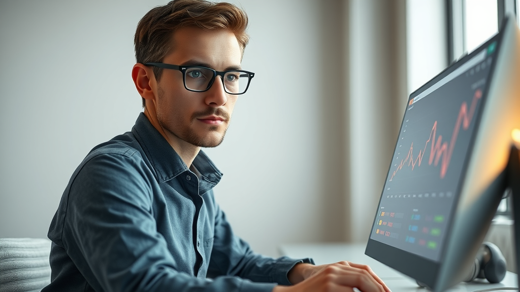 inquisitive researcher using AI-powered keyword research tool for how to make content that is found with ai search, with colorful analytics dashboard and keyword tags in a modern office