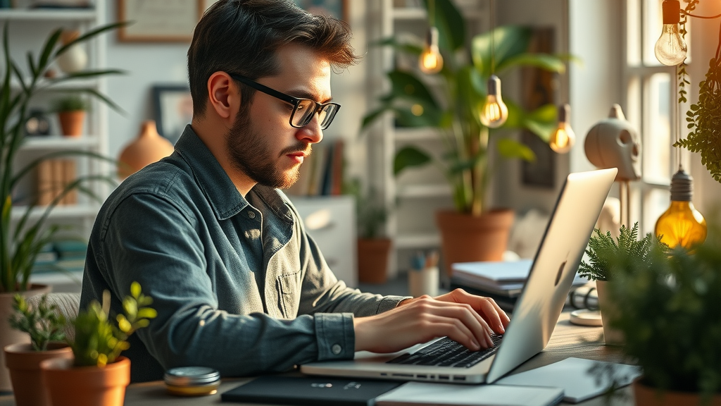 inspired writer typing in natural language for ai search engines, surrounded by AI icons, ideal for how to make content that is found with ai search