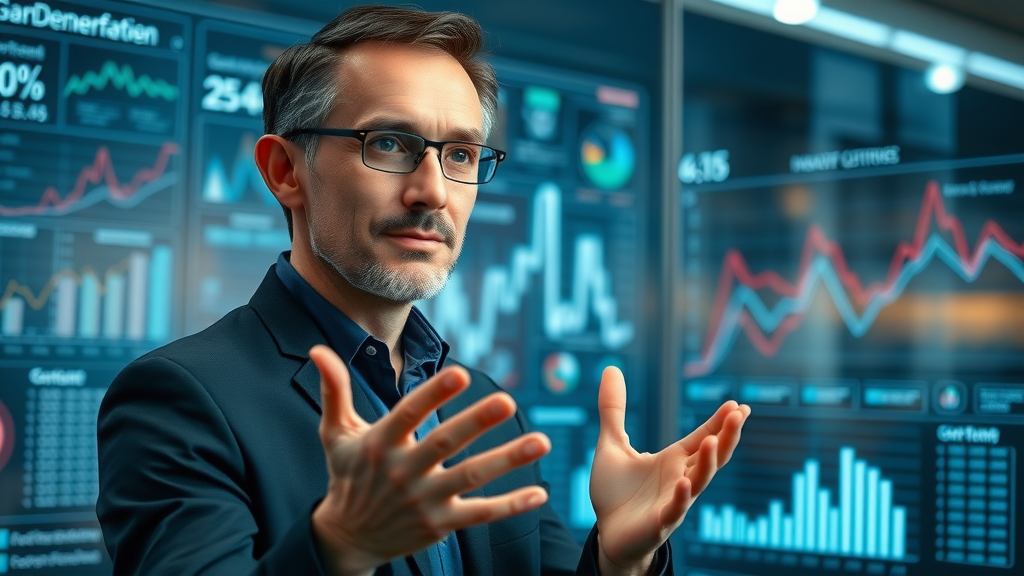 thoughtful AI expert explaining strategies among digital data panels, focusing on how to make content that is found with ai search