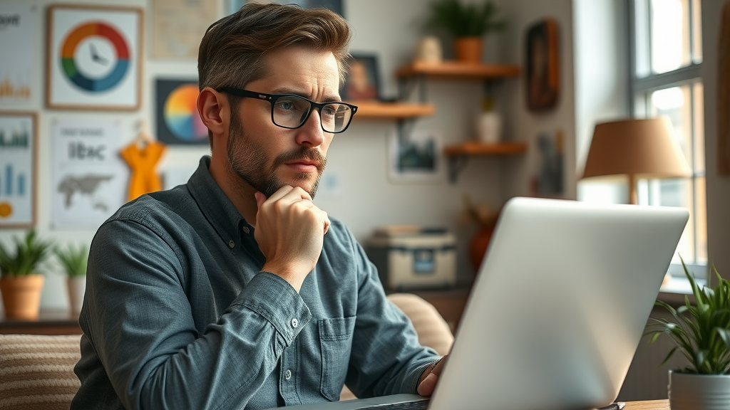 Thoughtful small business owner analyzing exclusive keyword advertising strategies on a laptop
