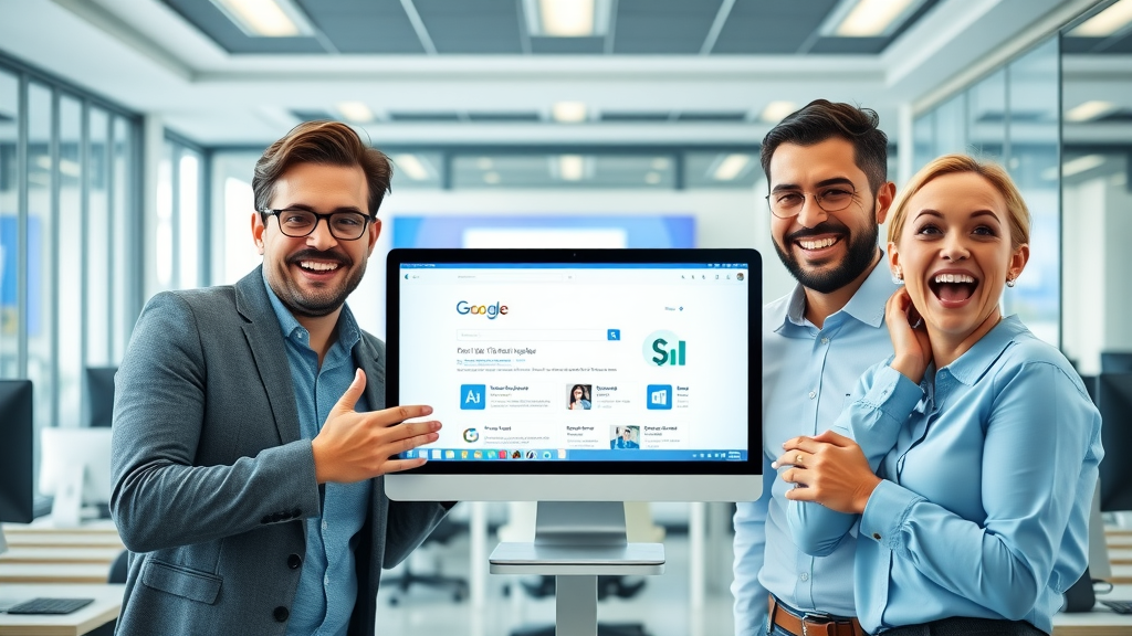 Happy small business team celebrating seeing their first page Google search results on a screen