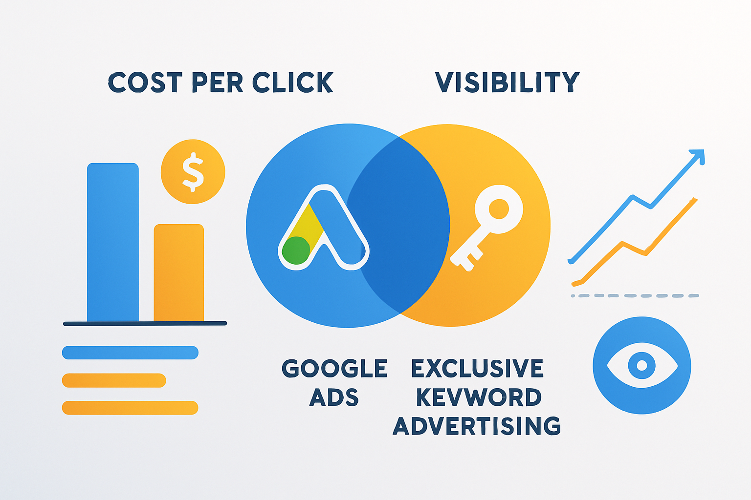 Clean, modern infographic composition comparing cost per click and visibility between Google Ads and exclusive keyword advertising, sleek vector style with bright, vibrant colors, clear and legible typography elements implied but without visible text, minimalist design emphasizing clarity and data visualization, studio lighting creating soft, even illumination with subtle shadows for depth, flat graphic elements arranged in balanced layout, no human figures to avoid disfigured faces or limbs, dynamic use of icons and charts to convey comparison, photorealistic high fidelity 2D vector art, crisp lines and smooth gradients, cool and warm color palette for contrast, shot with a 35mm camera lens effect to simulate natural perspective and focus, highly detailed with precise geometric shapes and clean edges, subtle reflections and highlights enhancing the polished look.