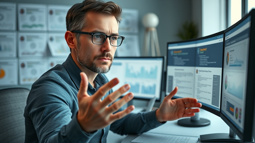 Focused digital marketing specialist conducting keyword research on dual monitors