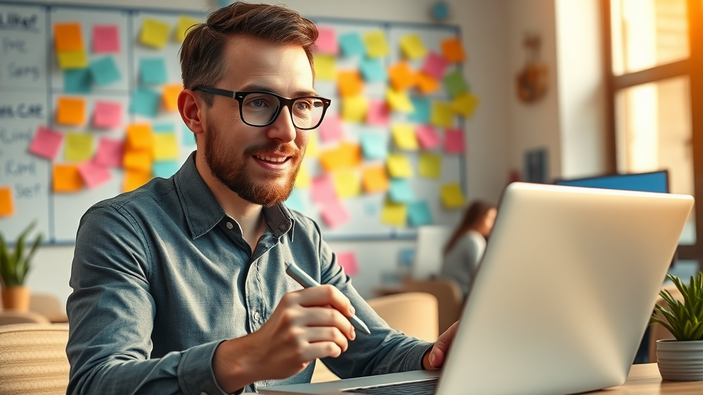 Creative marketer brainstorming catchy taglines on sticky notes and laptop for exclusive keyword ads