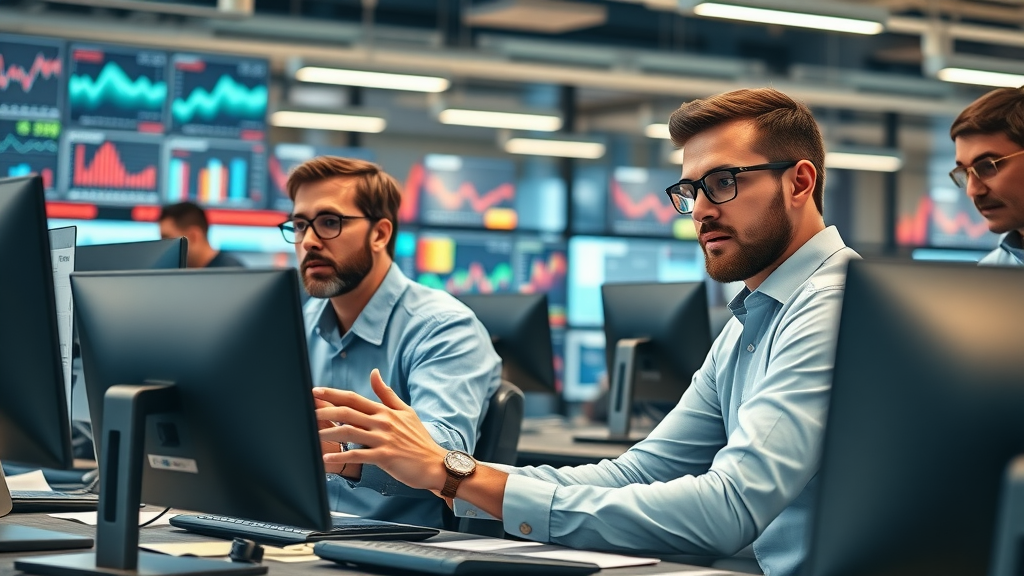 Digital marketing competition with concerned business owners analyzing charts in a tech office