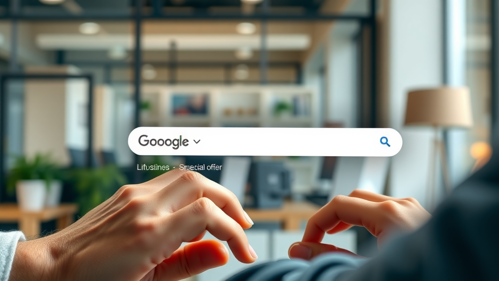 Google search box with exclusive keyword autocomplete showing business name and special offer