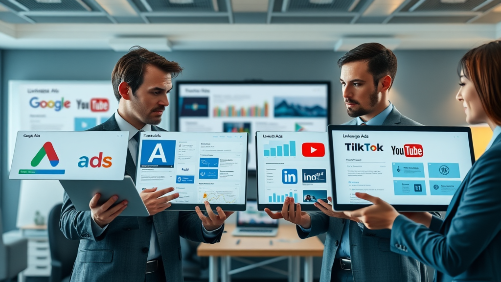 Comparison chart of Google Ads, Facebook Ads, LinkedIn Ads, YouTube Ads, and TikTok Ads in corporate boardroom