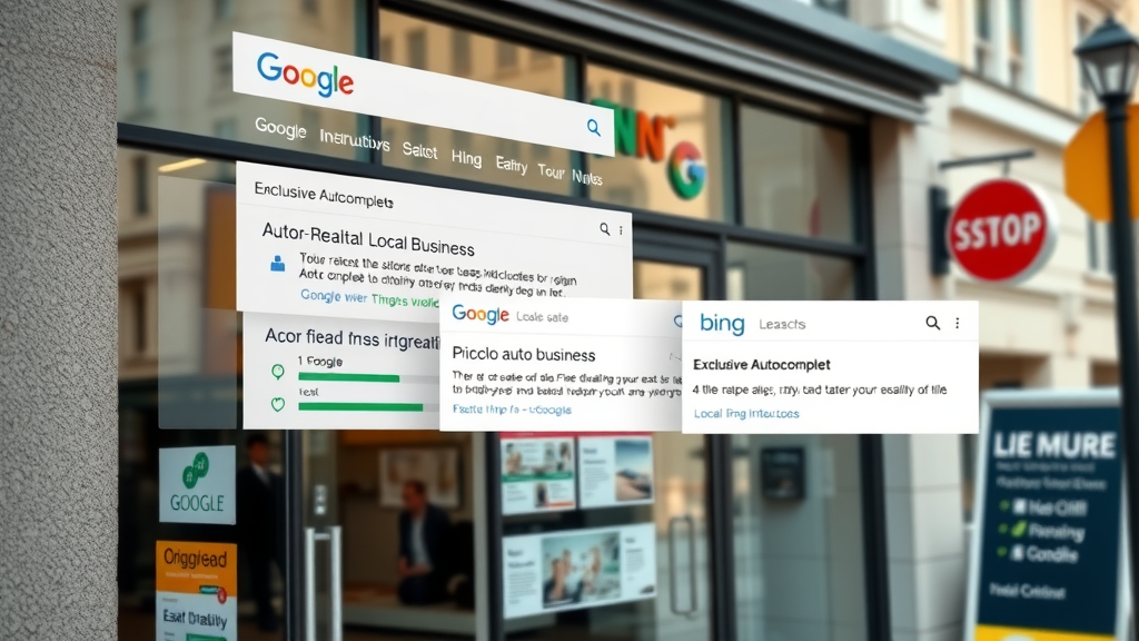 Local business storefront with Google and Bing search results showing exclusive autocomplete advertising