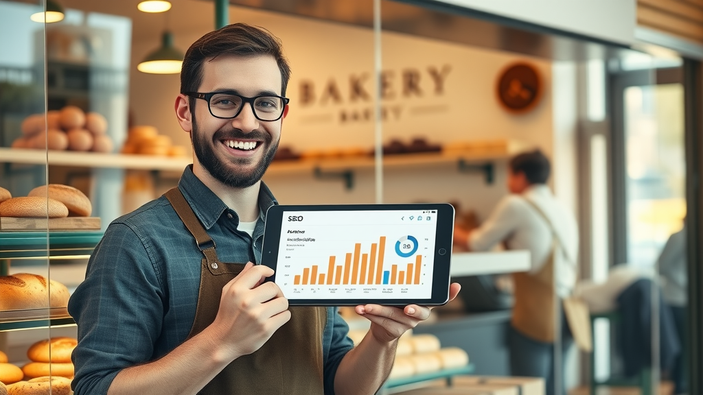 bakery owner tracking SEO analytics on laptop, search engine optimization for small business