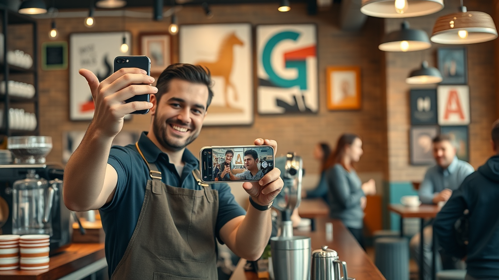 barista posting photo to social media in a coffee shop, social media marketing for small business