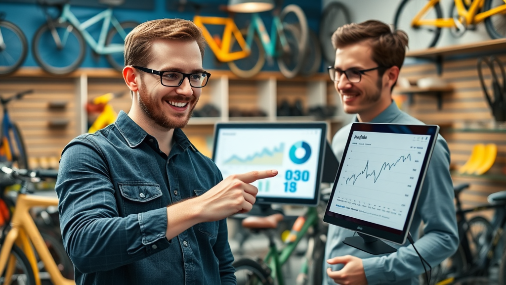digital marketing consultant helping bike shop owner review analytics, digital marketing agency example