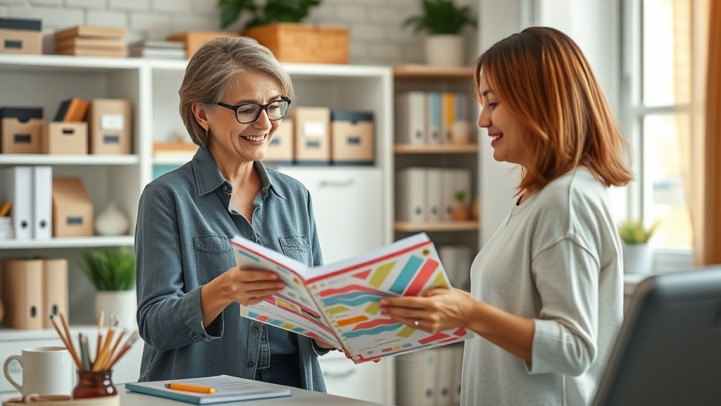 Organizing coach guides client in a tidy home office with planner and paperwork