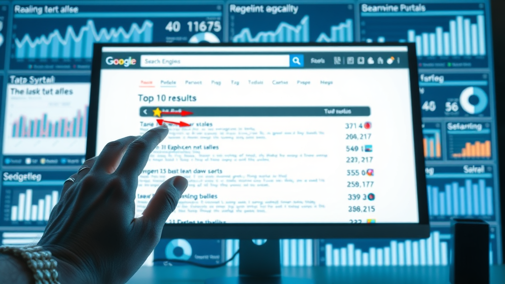 search engine results page highlighting top 10 results for how to get in top 10 serps, desktop computer monitor with infographics and ranking arrows, blue and white digital art