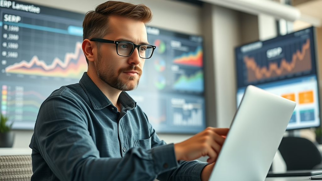 digital marketer reviewing serp analytics for how to get in top 10 serps, laptop with charts, modern office, succeeding strategy
