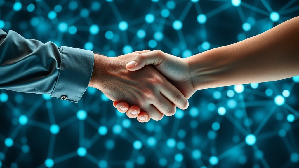 digital marketers handshake for link-building, networking authority, interconnected backlinks in how to get in top 10 serps