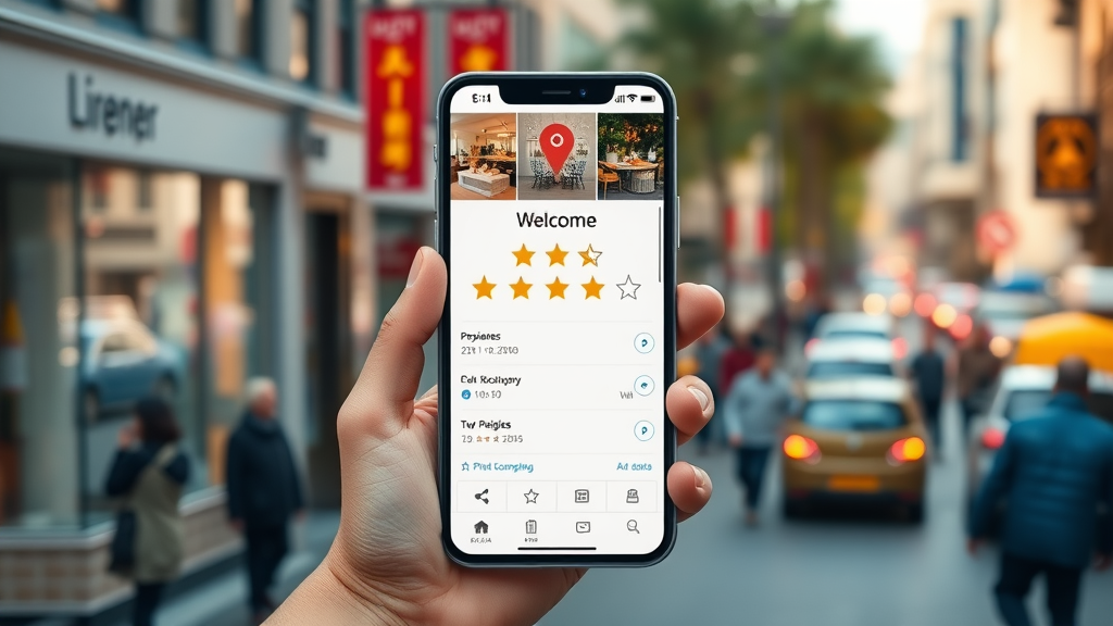 optimized local business profile for how to get in top 10 serps, mobile screen, top reviews, city street background
