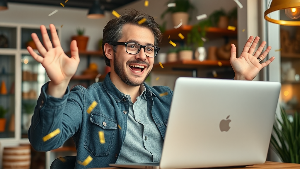 small business owner celebrating rank higher for how to get in top 10 serps, laptop and boutique store interior, joyful