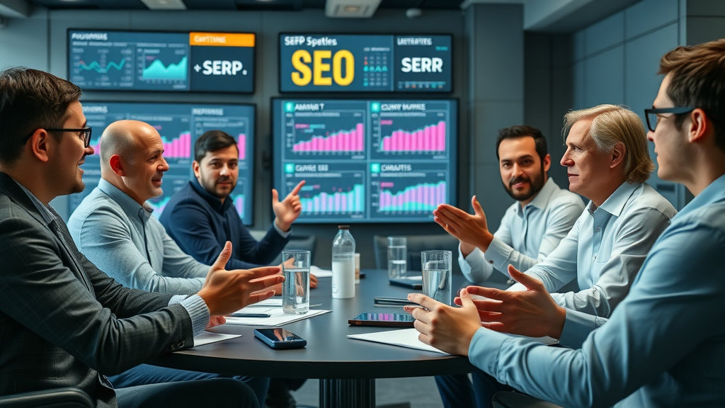 seo experts roundtable, analyzing how to get in top 10 serps, discussing strategy, digital serp boards in background