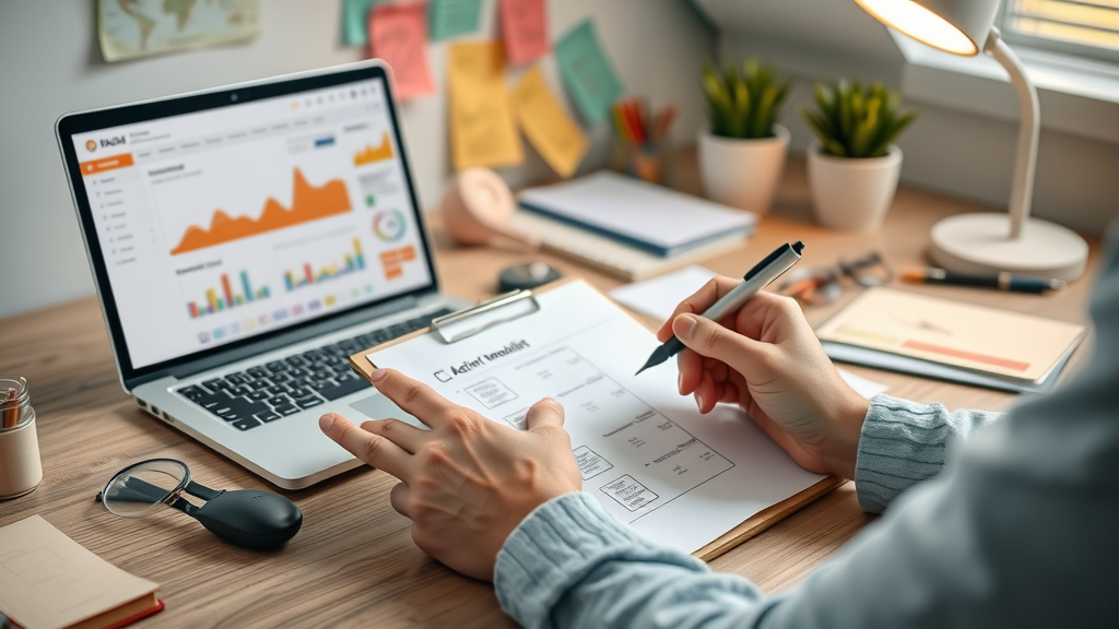 seo action checklist for how to get in top 10 serps, desktop workspace, analytics and pen writing