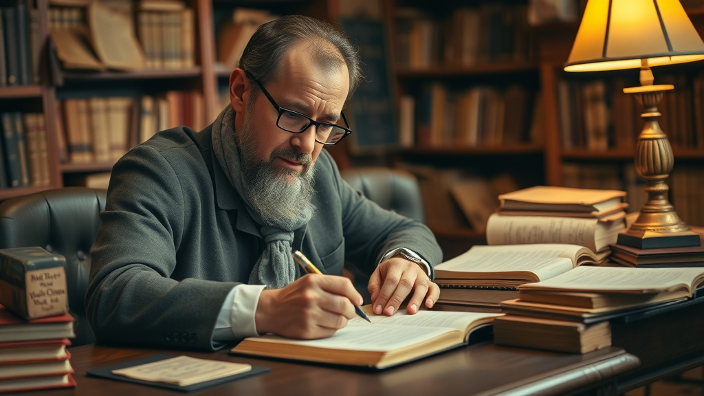 Classic academic scene of a scholar writing citations by hand at a wooden desk, referencing books and journals for academic writing.