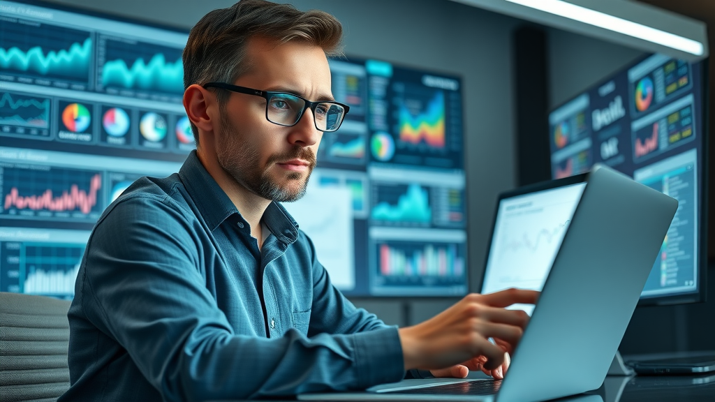 Researcher analyzing AI citation data on a laptop, reviewing AI citation analytics dashboards for academic writing and AI visibility.