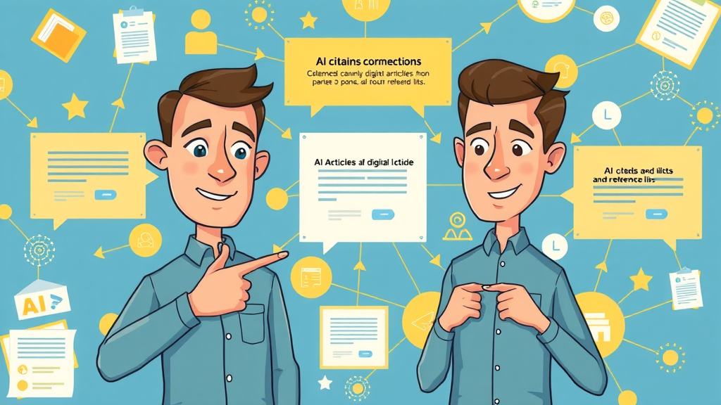 Infographic explaining AI citations—how digital articles are connected to reference lists and AI models, for better ai citation and ai visibility.