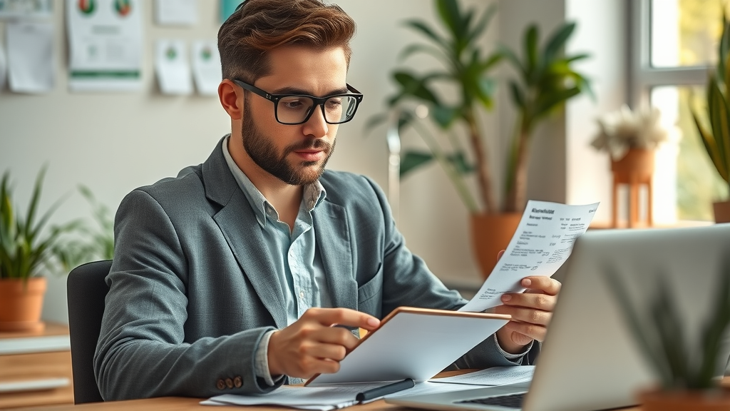 small business owner calculating small business advertising budget, sitting at desk with laptop and notepad