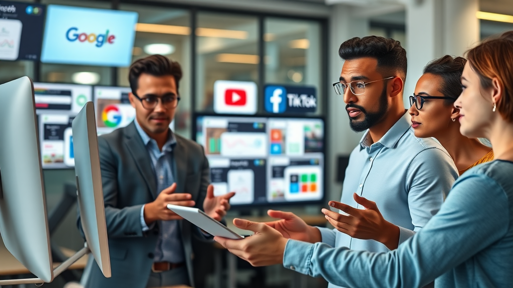 diverse business owners analyzing Google, Facebook, LinkedIn, YouTube, and TikTok ads on multiple screens