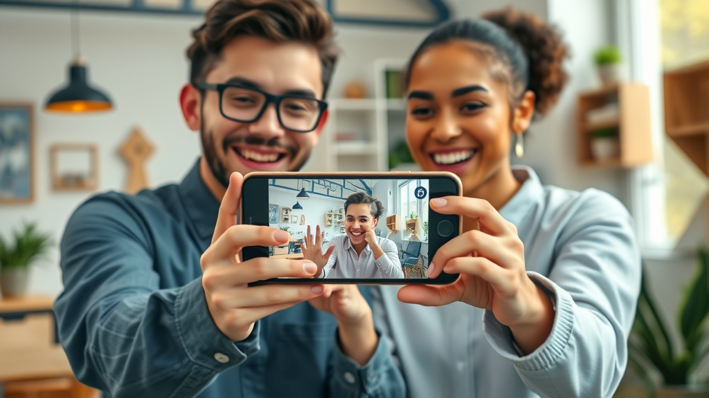 young entrepreneurs filming short TikTok advertising video in modern workspace