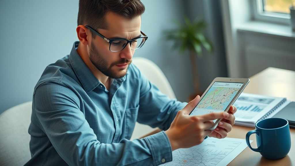 small business owner analyzing keyword target list and map on digital tablet