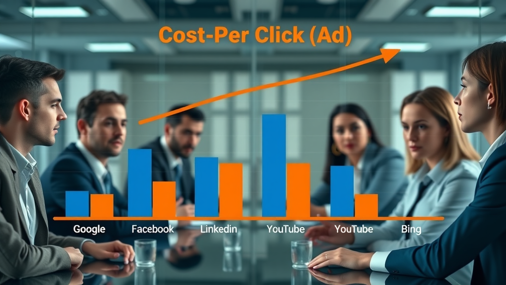 bar chart comparing cost per click across Google, Facebook, LinkedIn, YouTube, and Search Autosuggest platforms