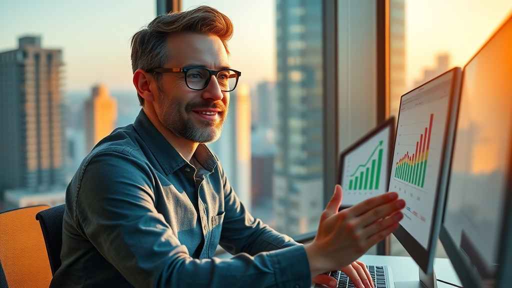 entrepreneur reviewing positive ROI charts on screen with city view