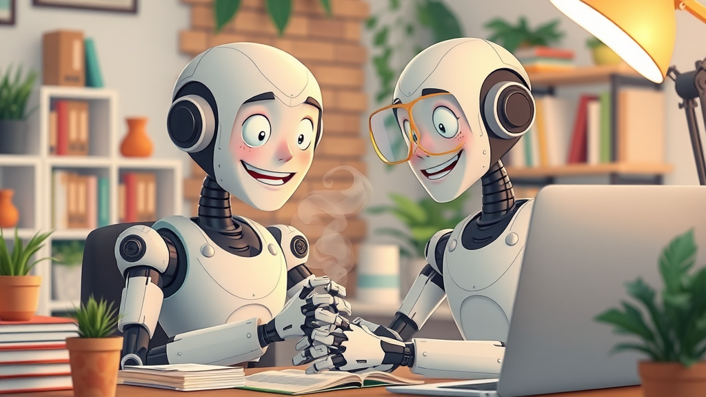 Creative writer and AI robot collaborating on content creation using large language models