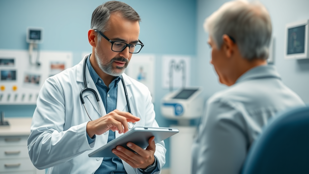 Doctor using AI-powered large language model as a scribe in a healthcare setting with calm patient