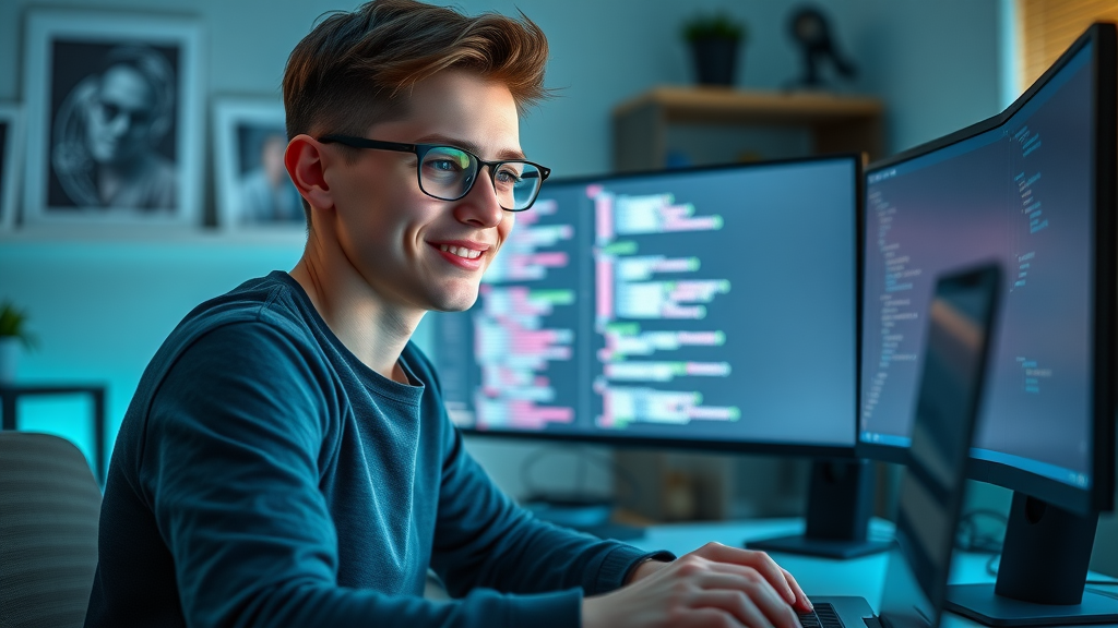 Young developer using large language model to auto-generate code on screen