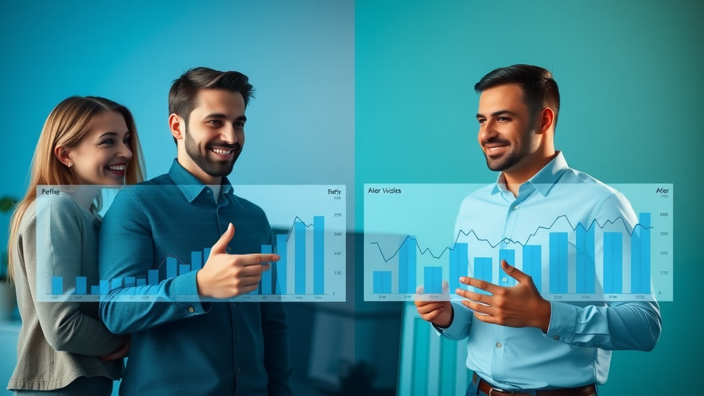 analytics showing before and after website traffic results with marketing team discussion split screen