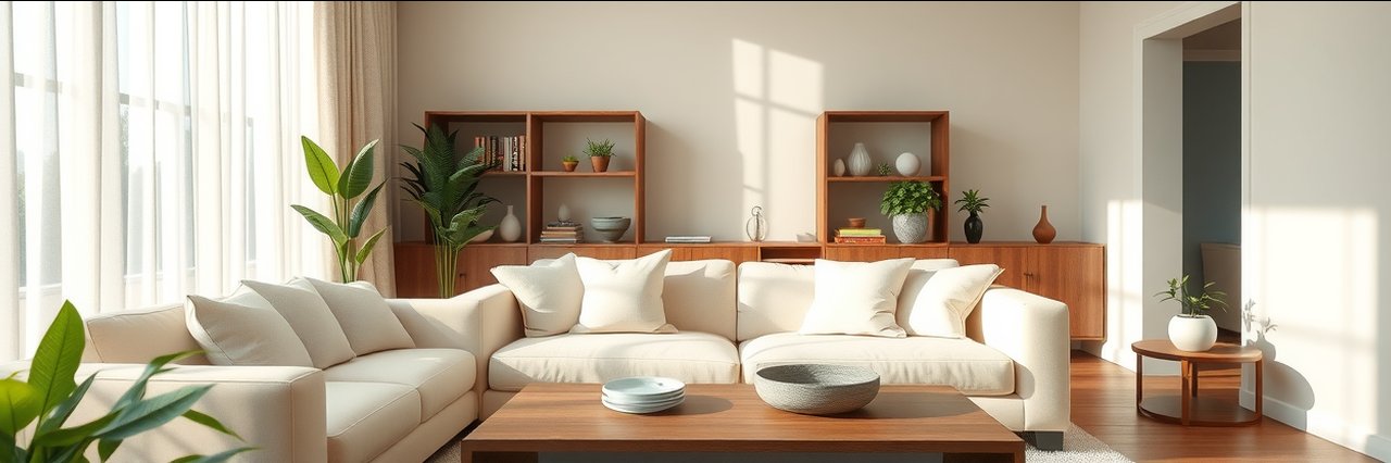 Serene feng shui minimalist living room with plants, soft sunlight, balanced decor.