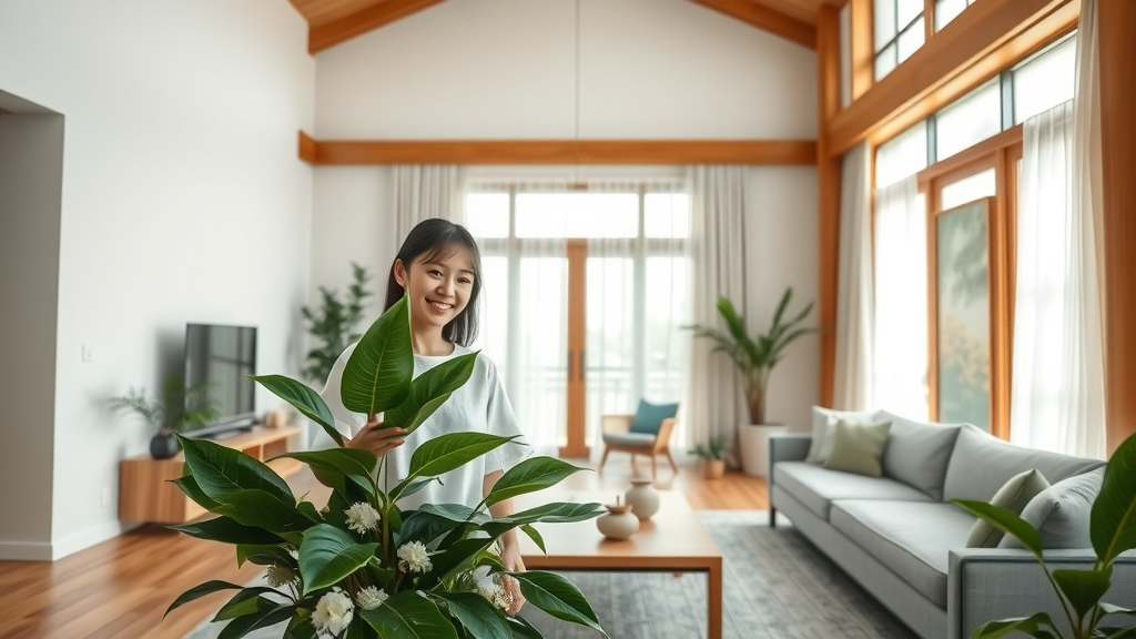 feng shui living room with balanced decorative plants and soft natural light